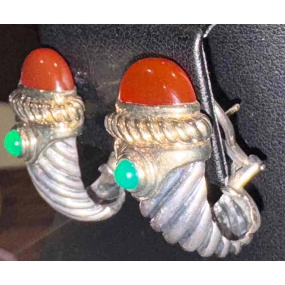 David Yurman Silver, Gold, Red Carnelian and Emerald Stone